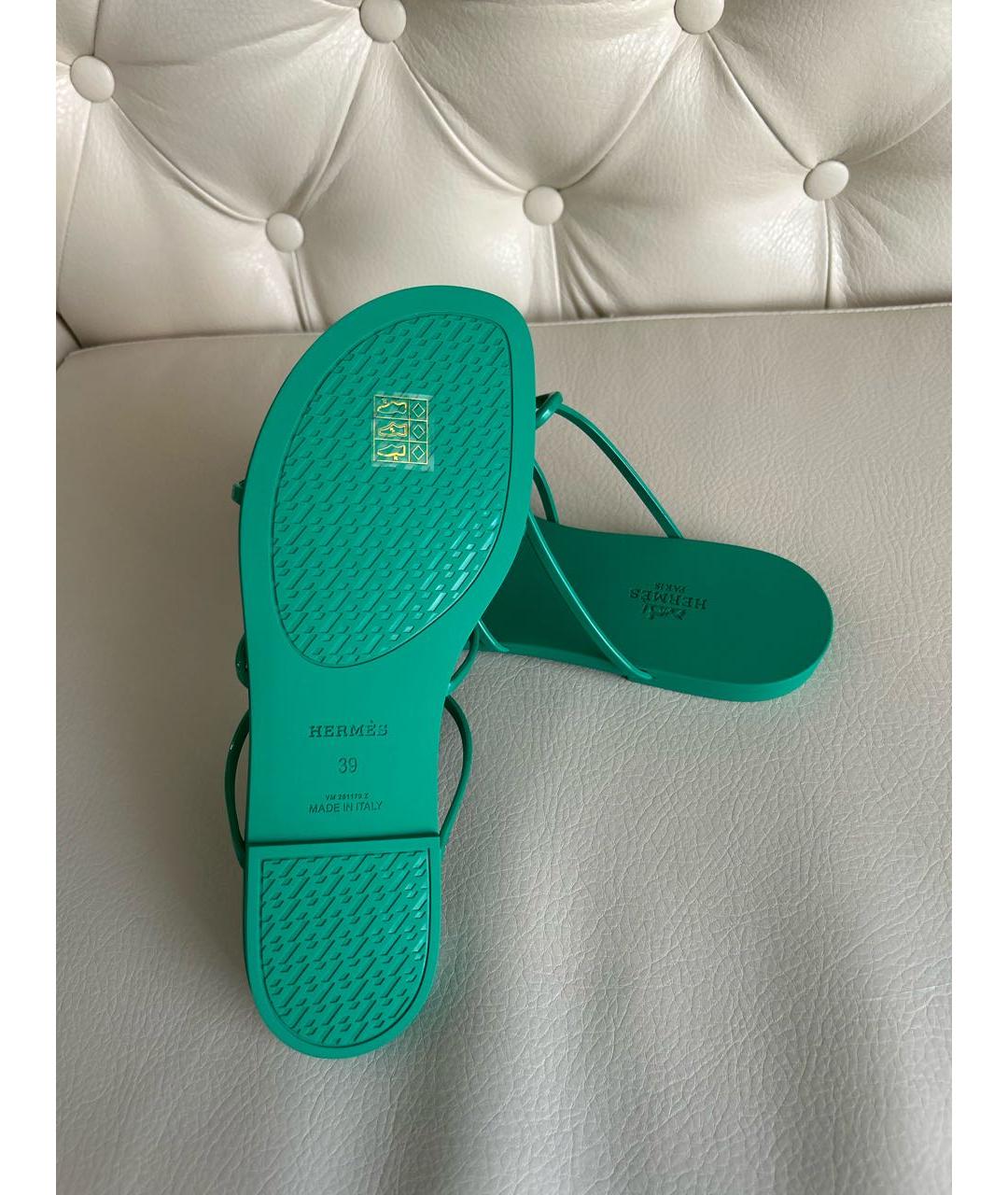 HERMES Зеленые резиновые шлепанцы, фото 5