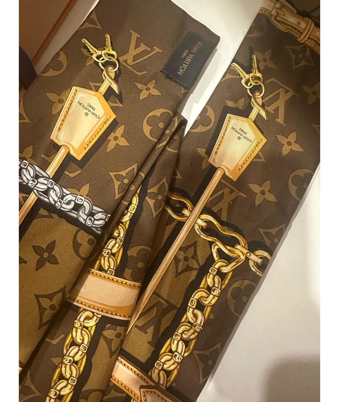 LOUIS VUITTON Коричневый шелковый платок, фото 7