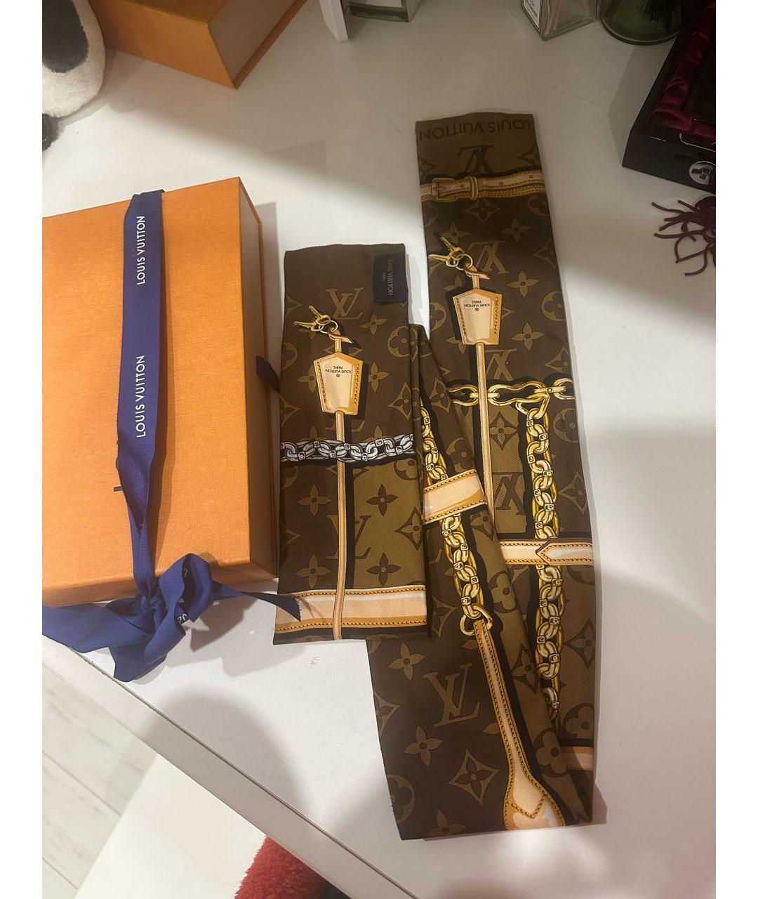 LOUIS VUITTON Коричневый шелковый платок, фото 8