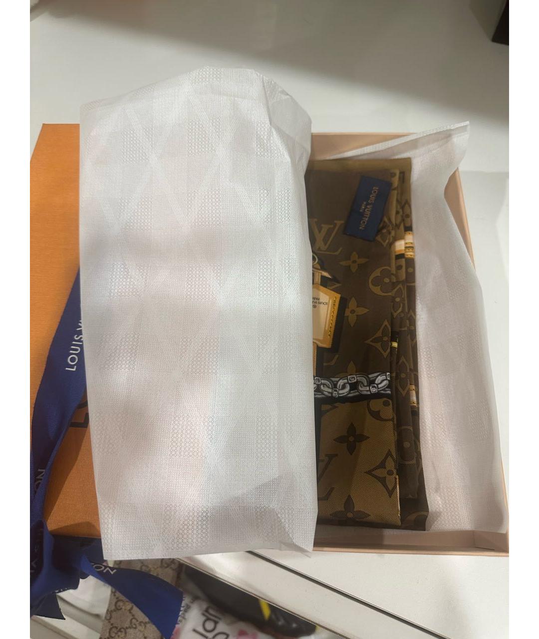 LOUIS VUITTON Коричневый шелковый платок, фото 4