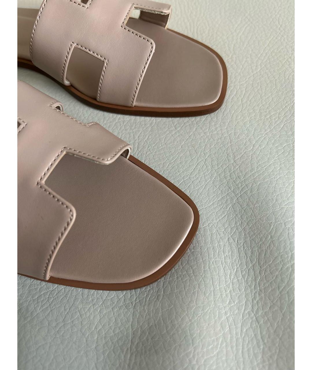 HERMES Бежевые кожаные шлепанцы, фото 7