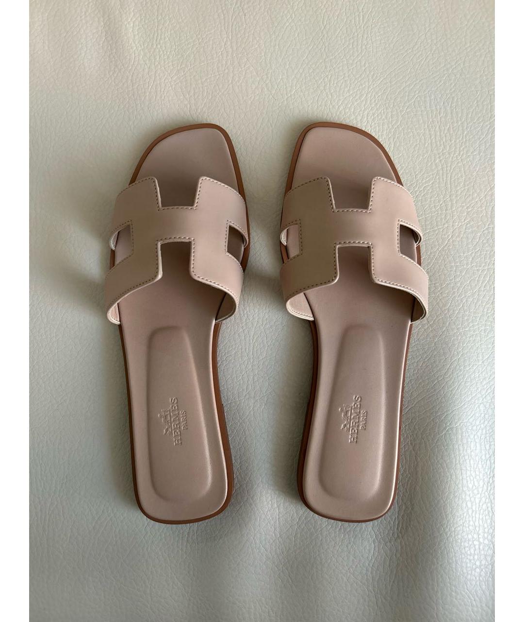 HERMES Бежевые кожаные шлепанцы, фото 3