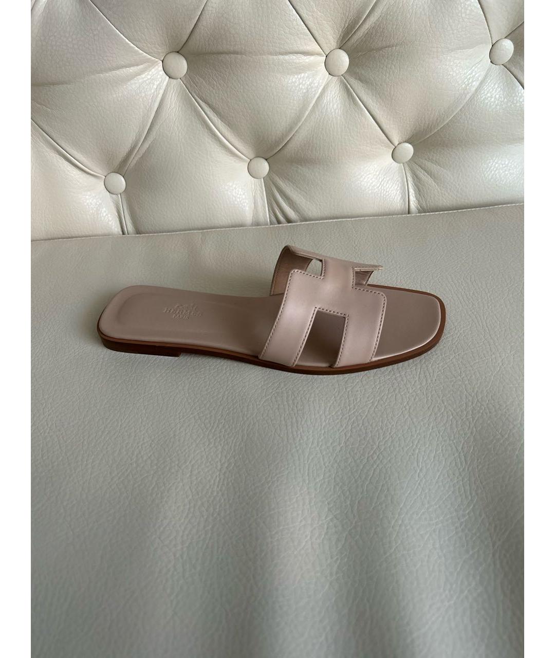 HERMES Бежевые кожаные шлепанцы, фото 9