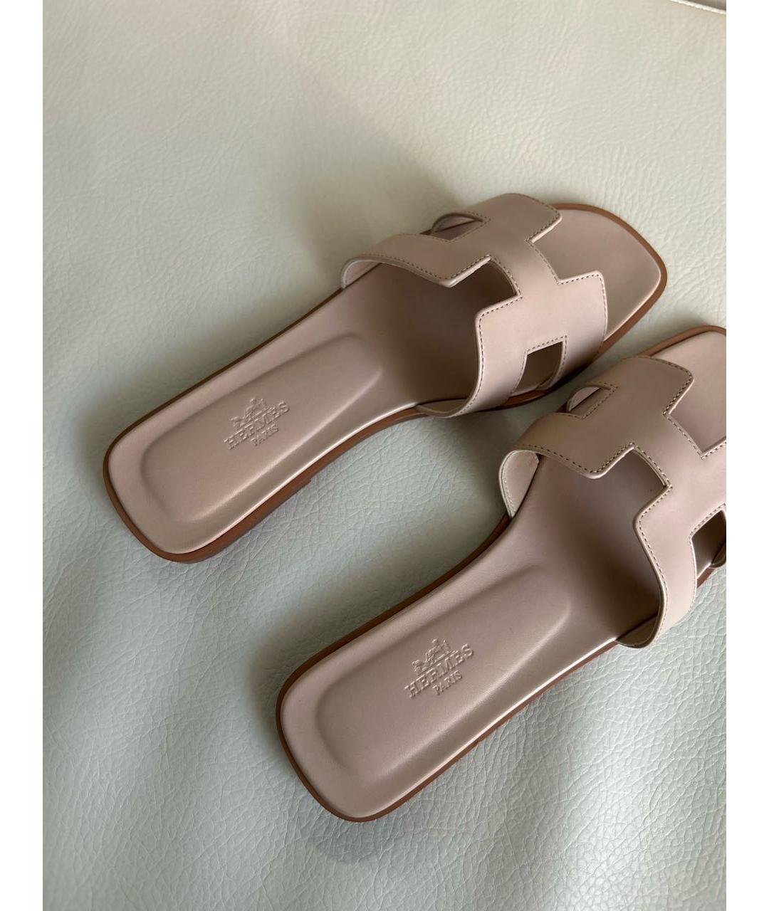 HERMES Бежевые кожаные шлепанцы, фото 8