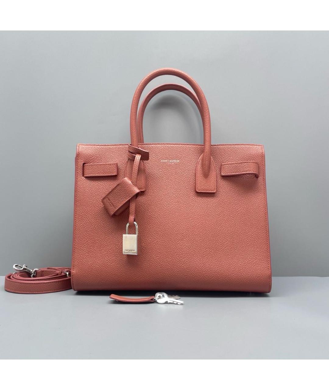 SAINT LAURENT Коралловая кожаная сумка тоут, фото 2