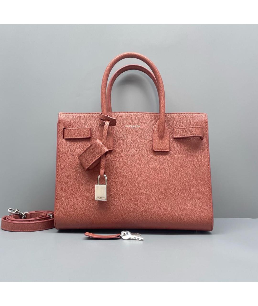 SAINT LAURENT Коралловая кожаная сумка тоут, фото 7