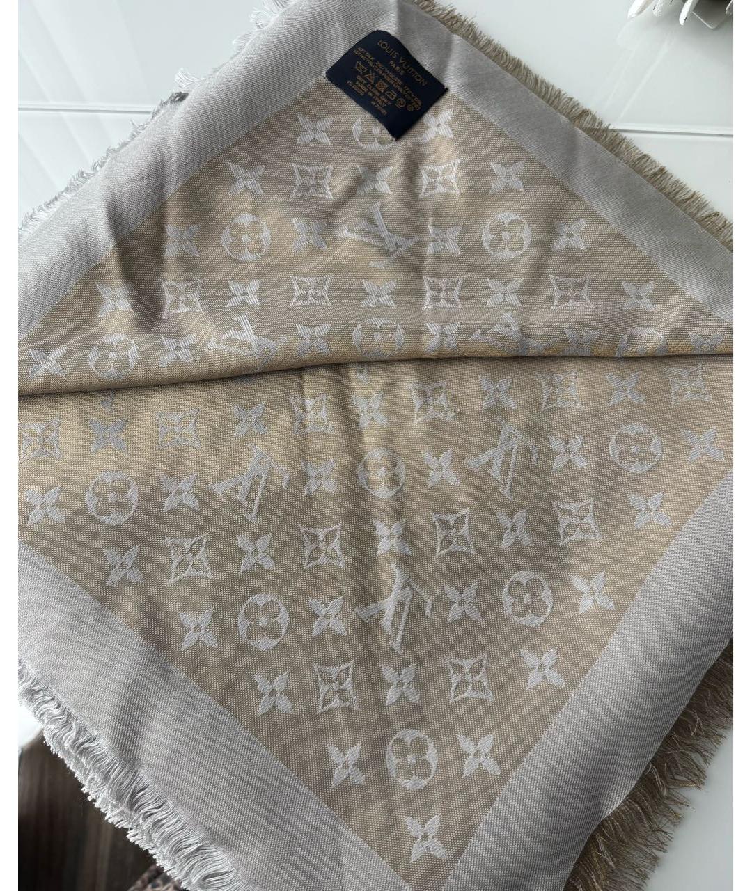LOUIS VUITTON Бежевый шелковый платок, фото 6