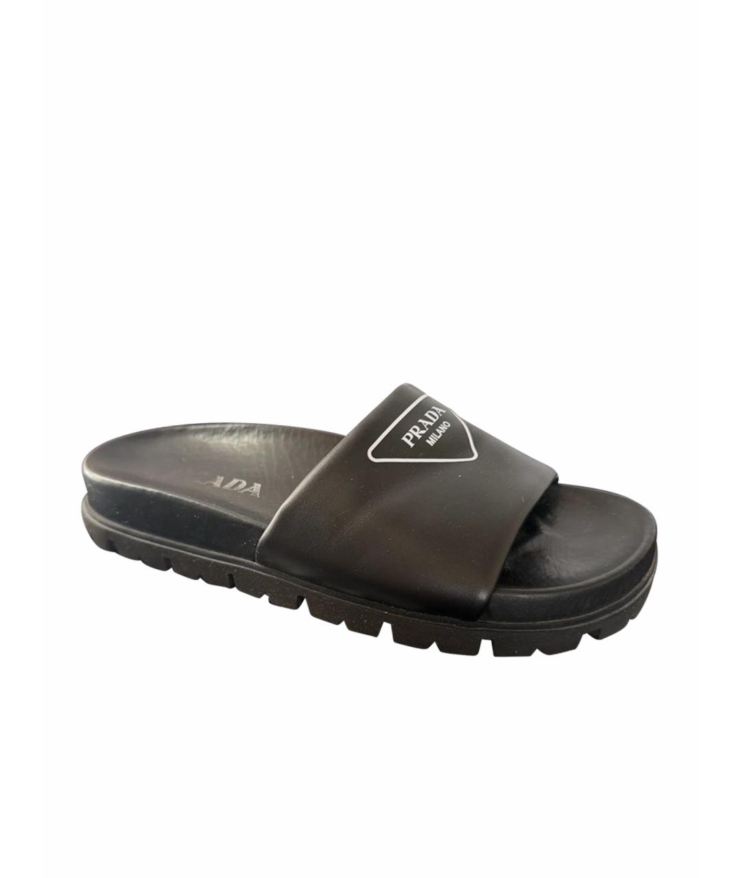 PRADA Черные кожаные шлепанцы, фото 1