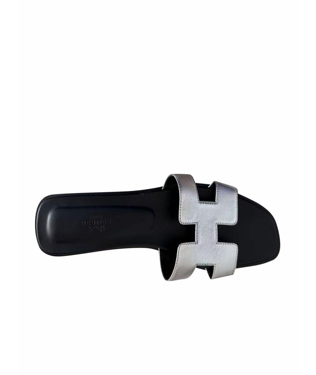 HERMES Серебряные кожаные босоножки, фото 1