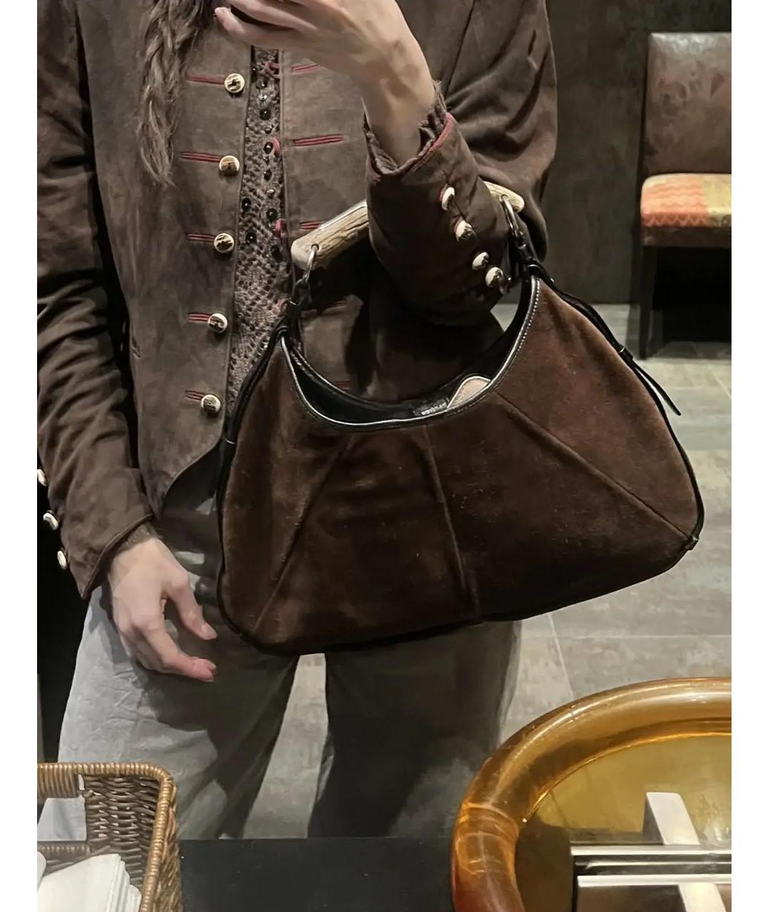 SAINT LAURENT Коричневая замшевая сумка с короткими ручками, фото 6