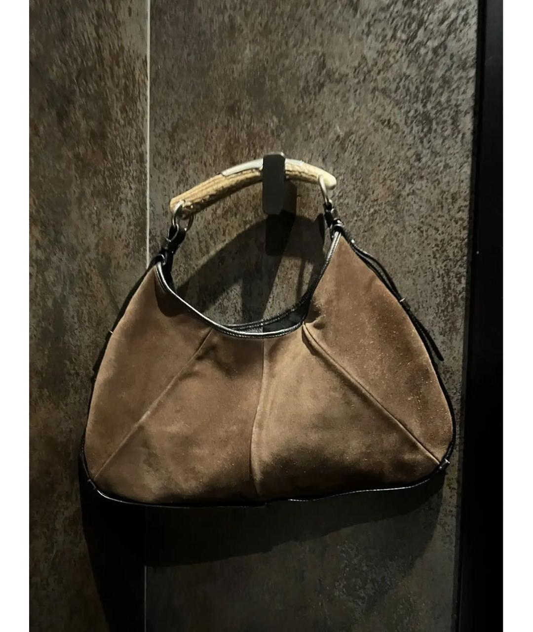 SAINT LAURENT Коричневая замшевая сумка с короткими ручками, фото 7