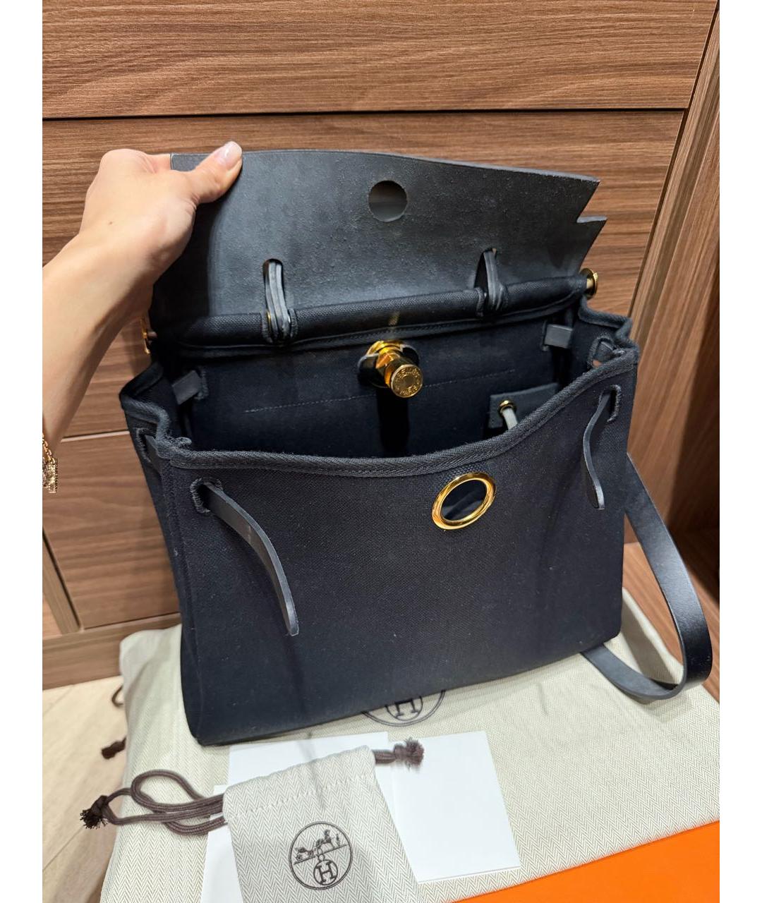 HERMES Черная тканевая сумка с короткими ручками, фото 4