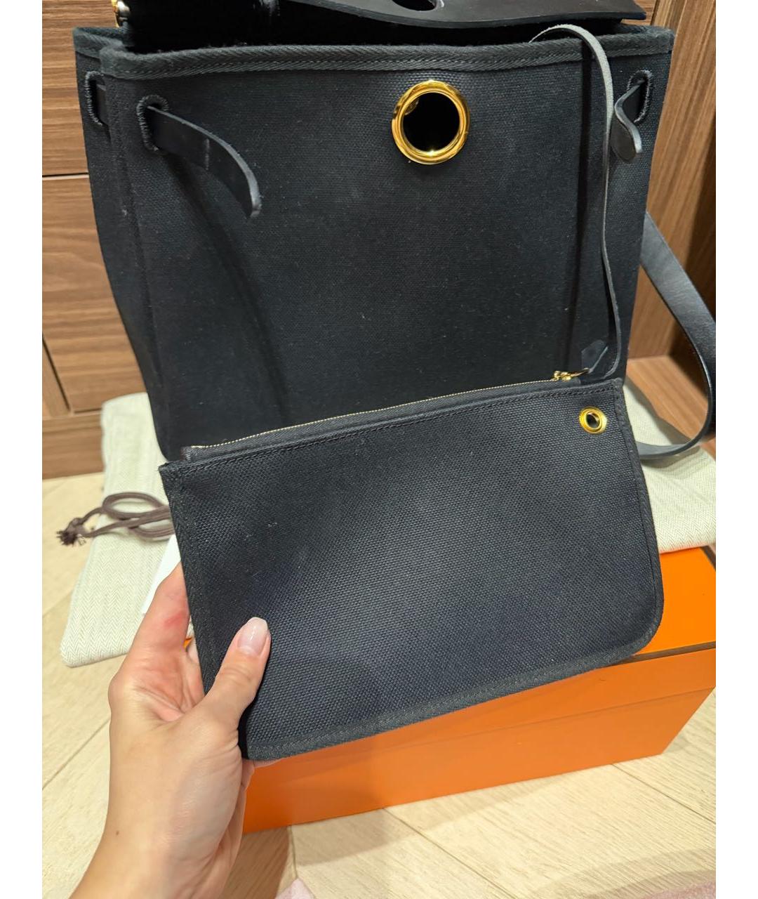 HERMES Черная тканевая сумка с короткими ручками, фото 6