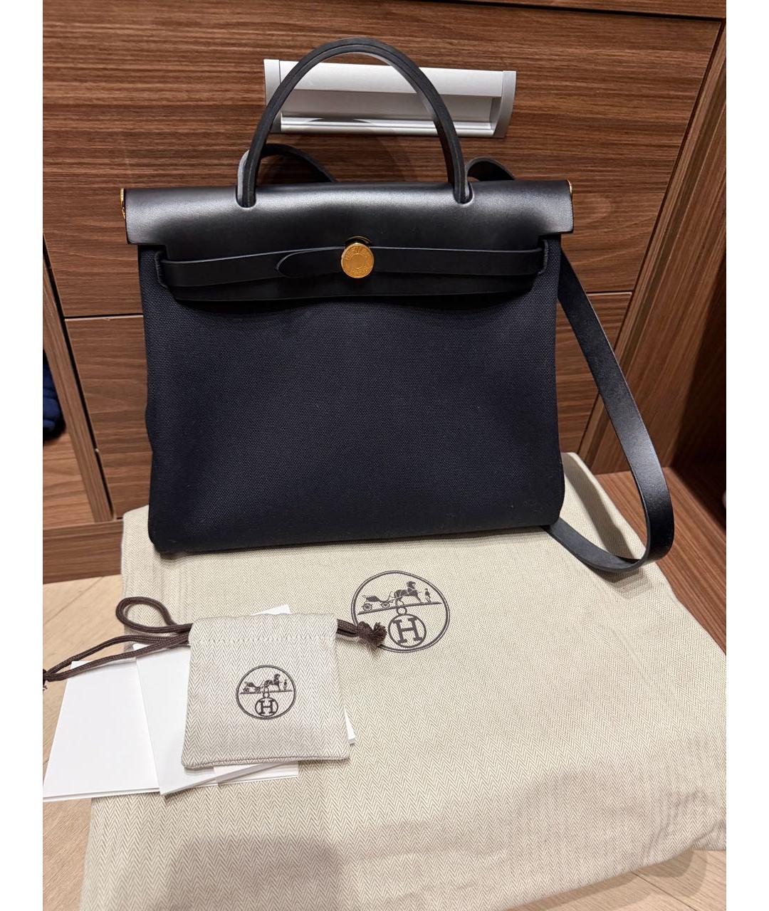 HERMES Черная тканевая сумка с короткими ручками, фото 7