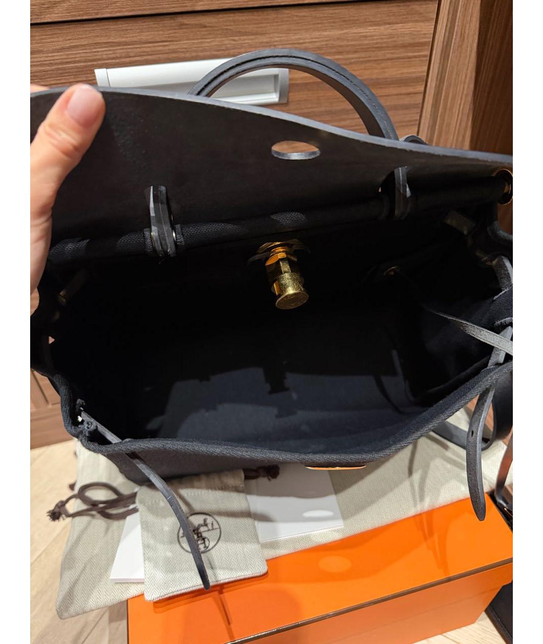 HERMES Черная тканевая сумка с короткими ручками, фото 5