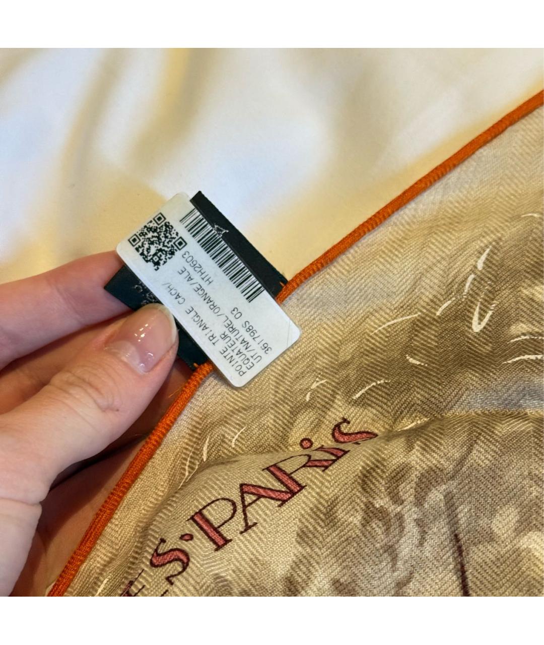 HERMES Бежевый кашемировый платок, фото 5