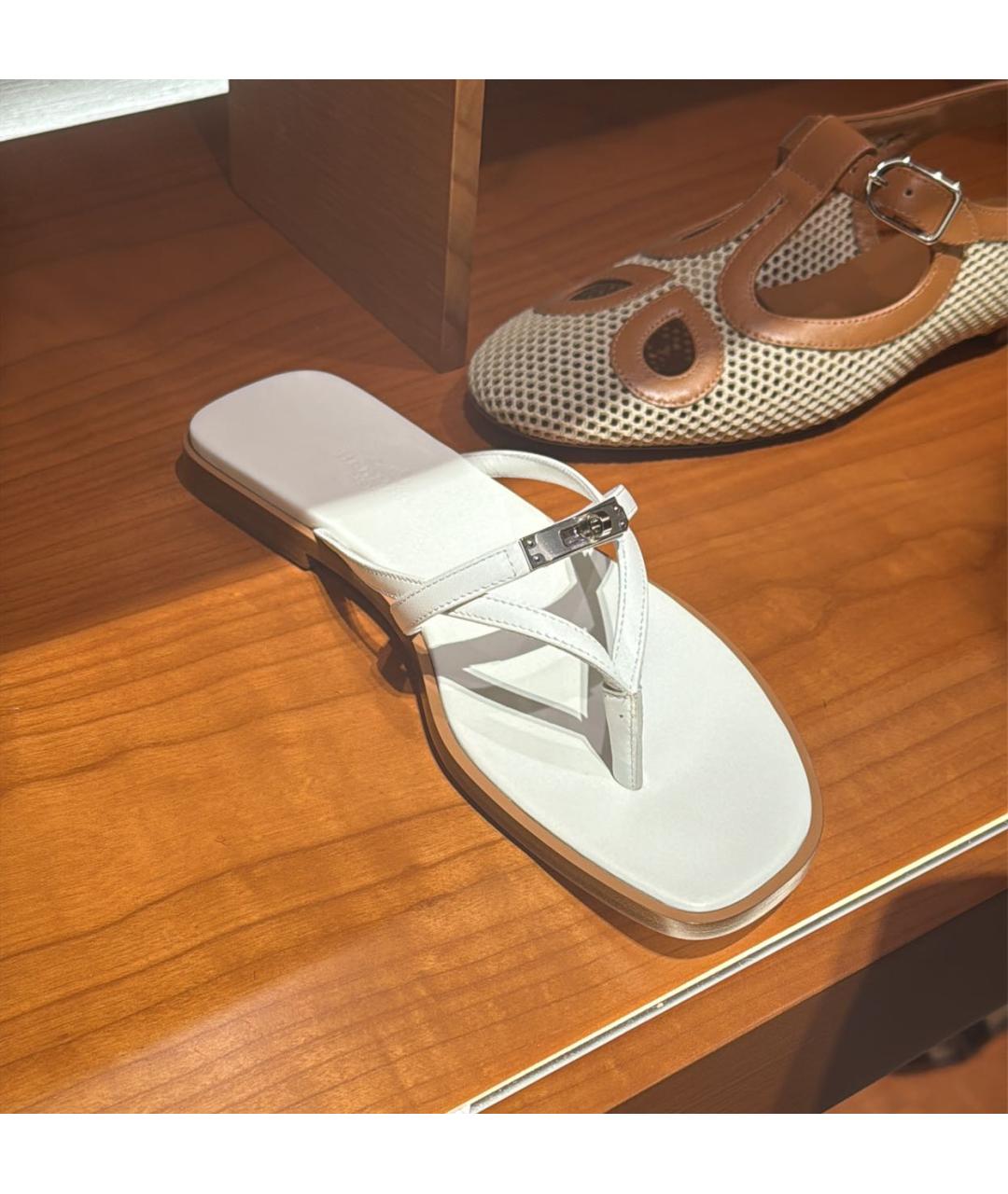 HERMES Белые кожаные шлепанцы, фото 7