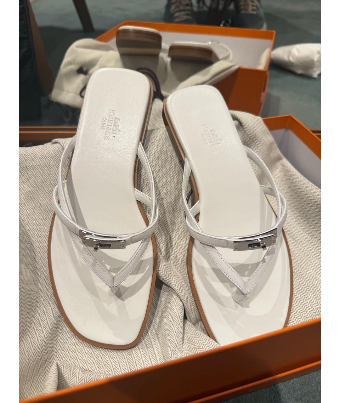 HERMES Белые кожаные шлепанцы, фото 4