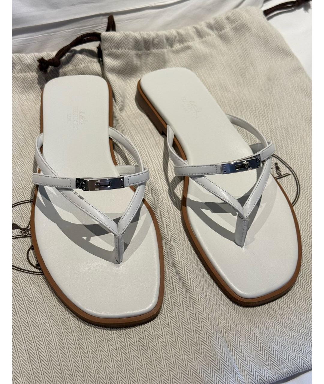 HERMES Белые кожаные шлепанцы, фото 2