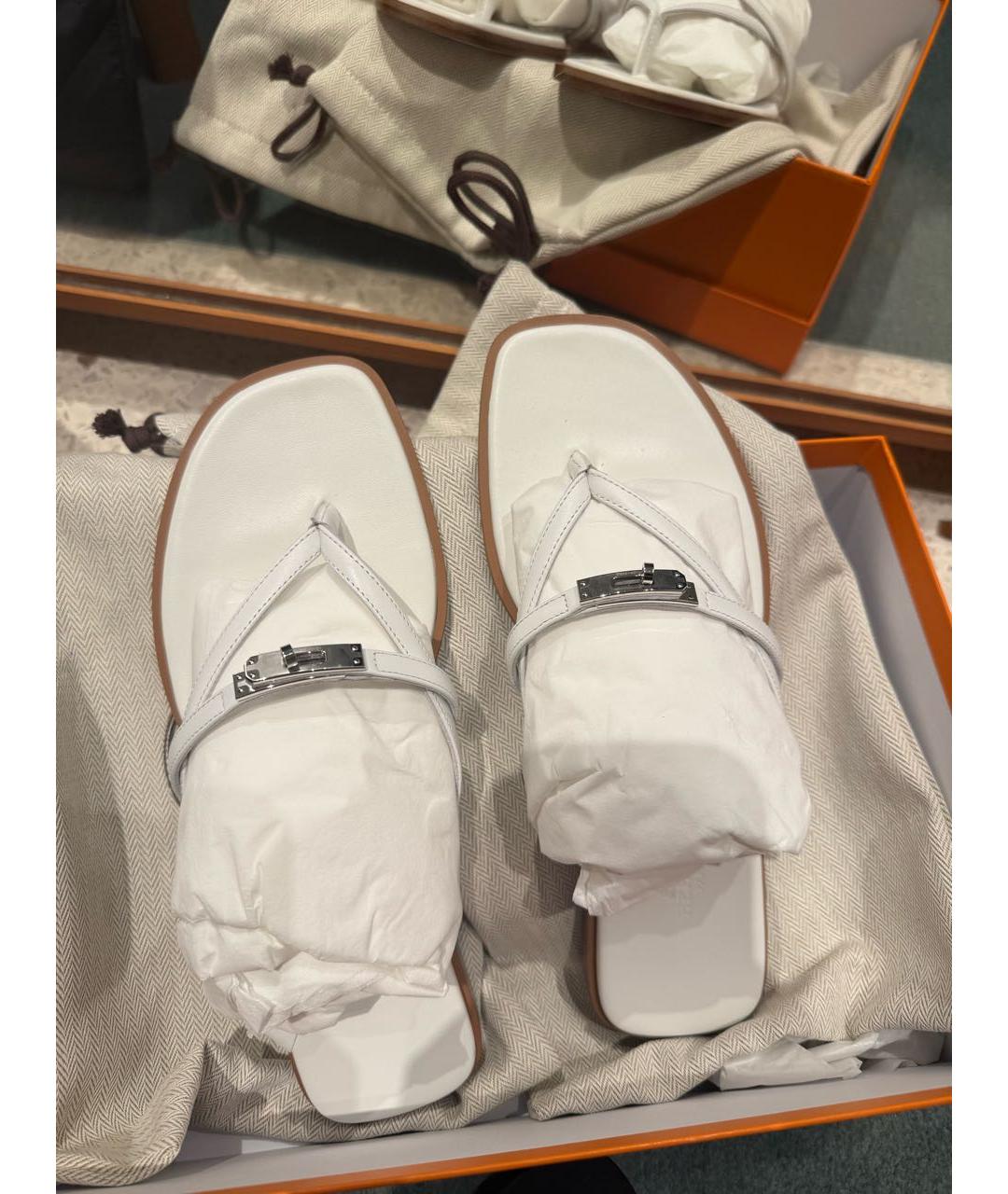 HERMES Белые кожаные шлепанцы, фото 6