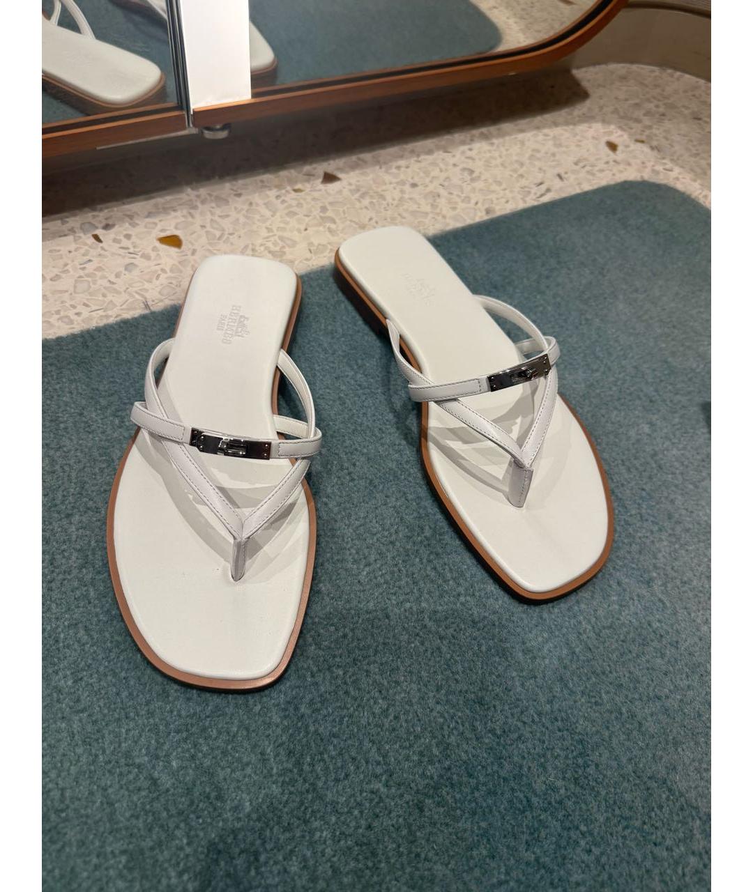 HERMES Белые кожаные шлепанцы, фото 5
