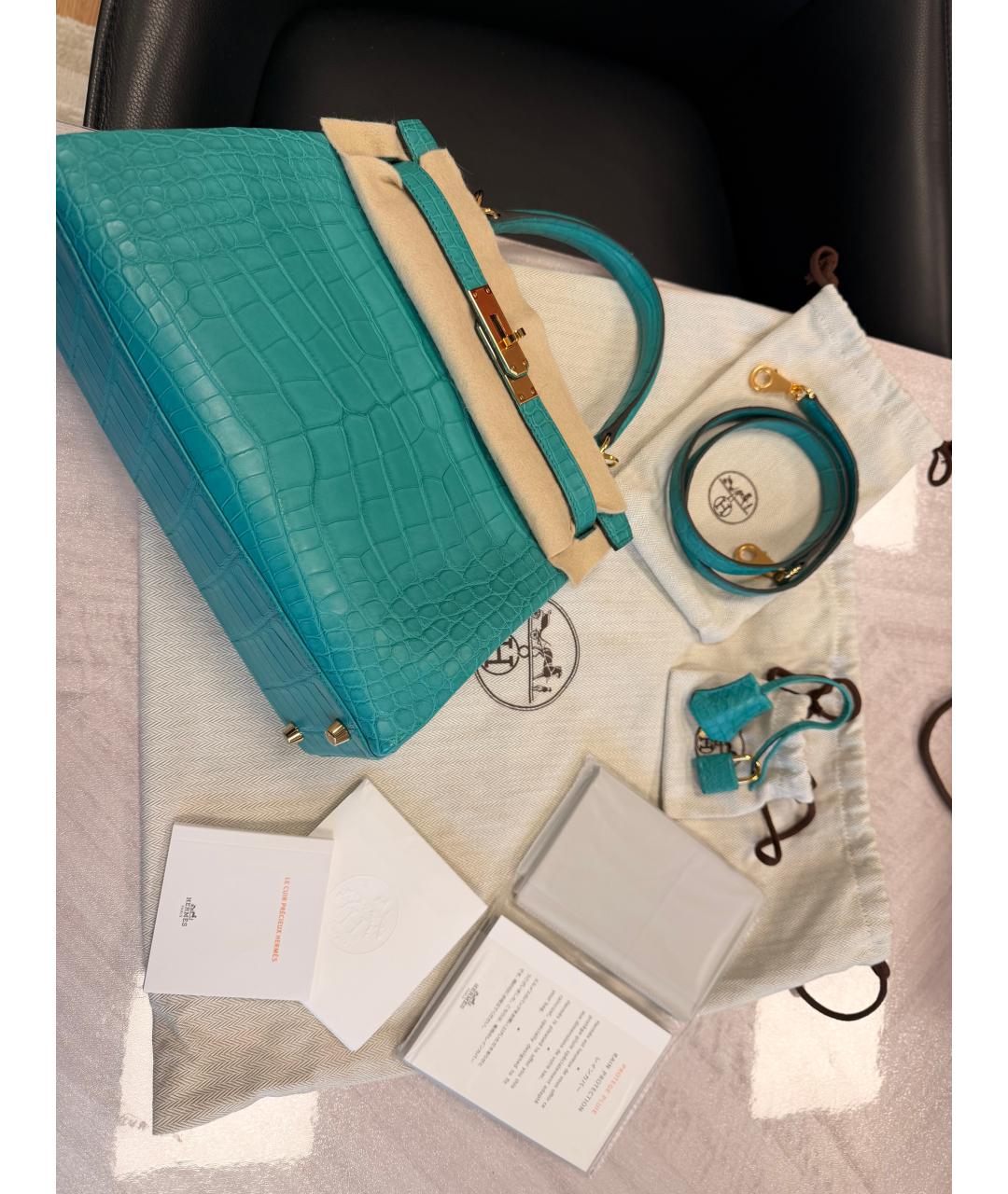 HERMES Бирюзовая сумка с короткими ручками из экзотической кожи, фото 4