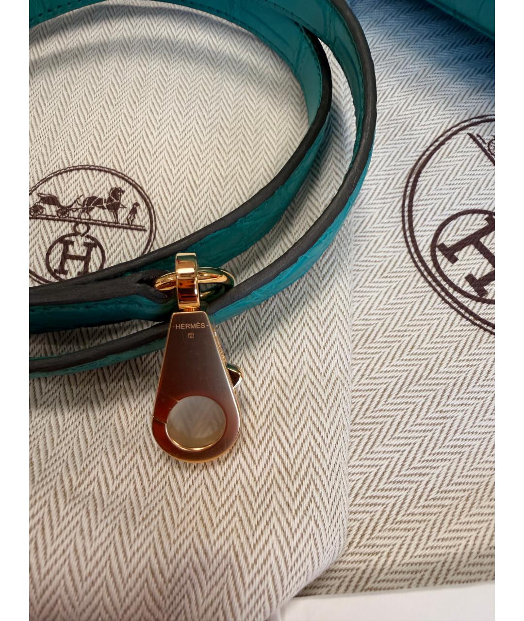 HERMES Бирюзовая сумка с короткими ручками из экзотической кожи, фото 7