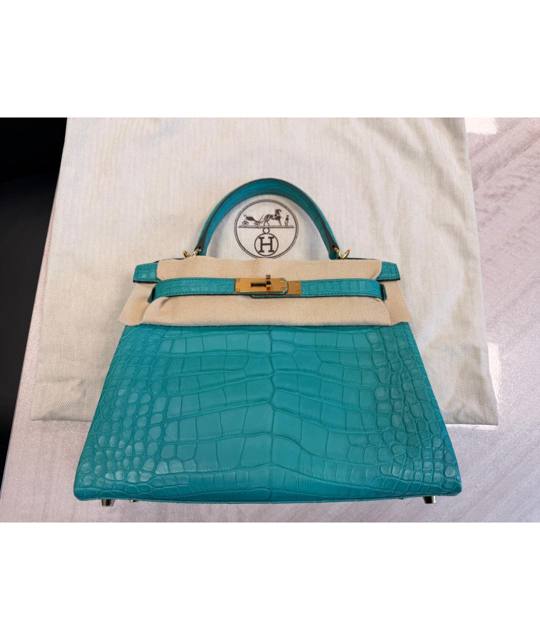 HERMES Бирюзовая сумка с короткими ручками из экзотической кожи, фото 8