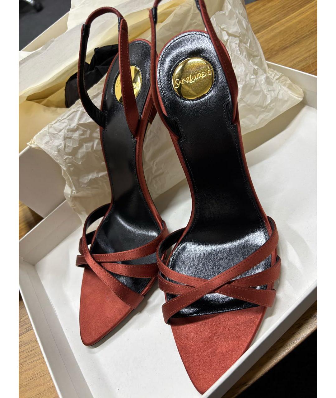 SAINT LAURENT Бордовые текстильные босоножки, фото 4