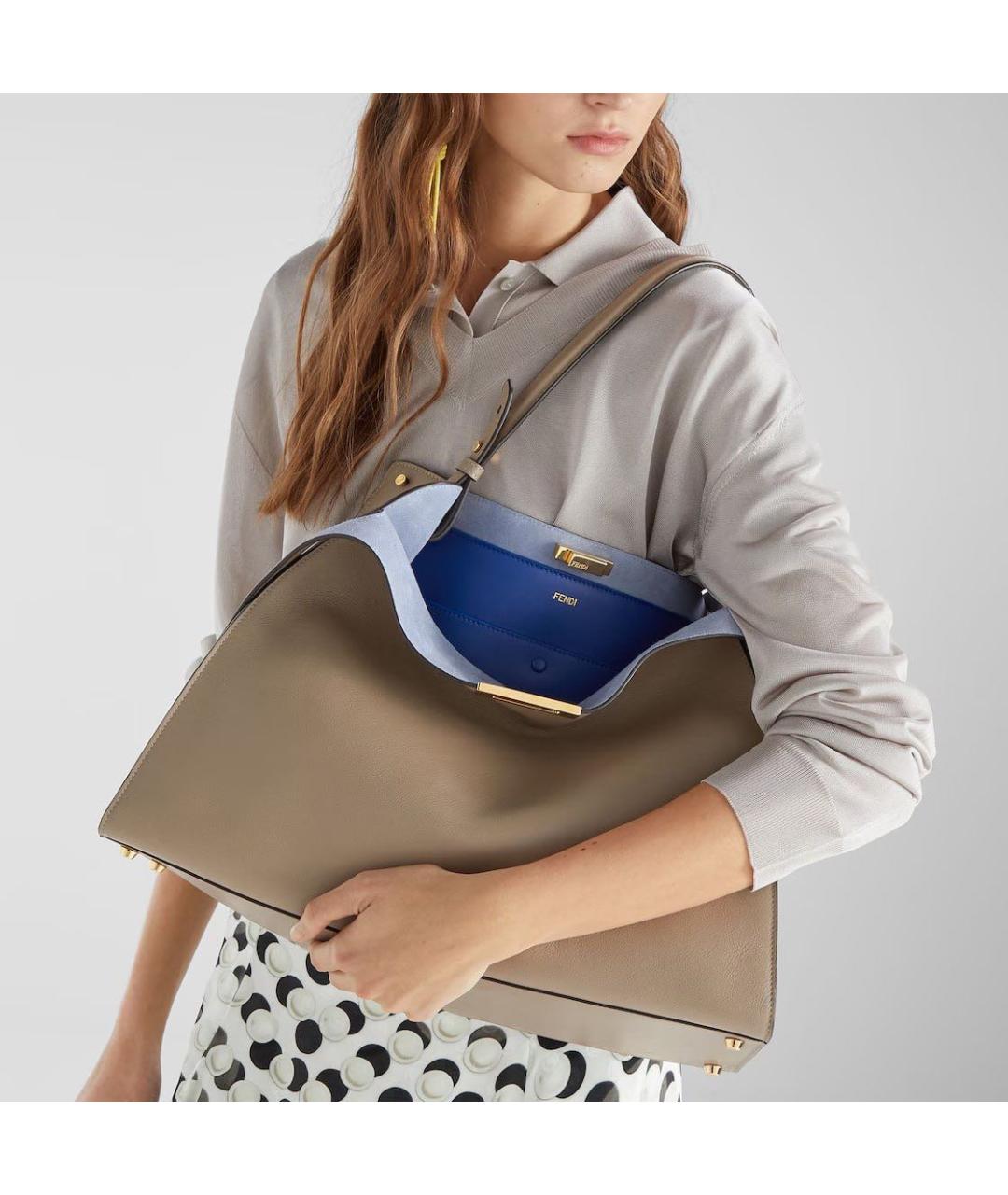 FENDI Бежевая кожаная сумка с короткими ручками, фото 7