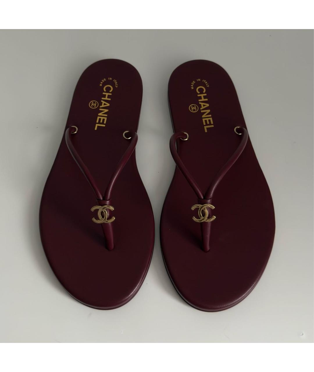 CHANEL Бордовые кожаные шлепанцы, фото 2