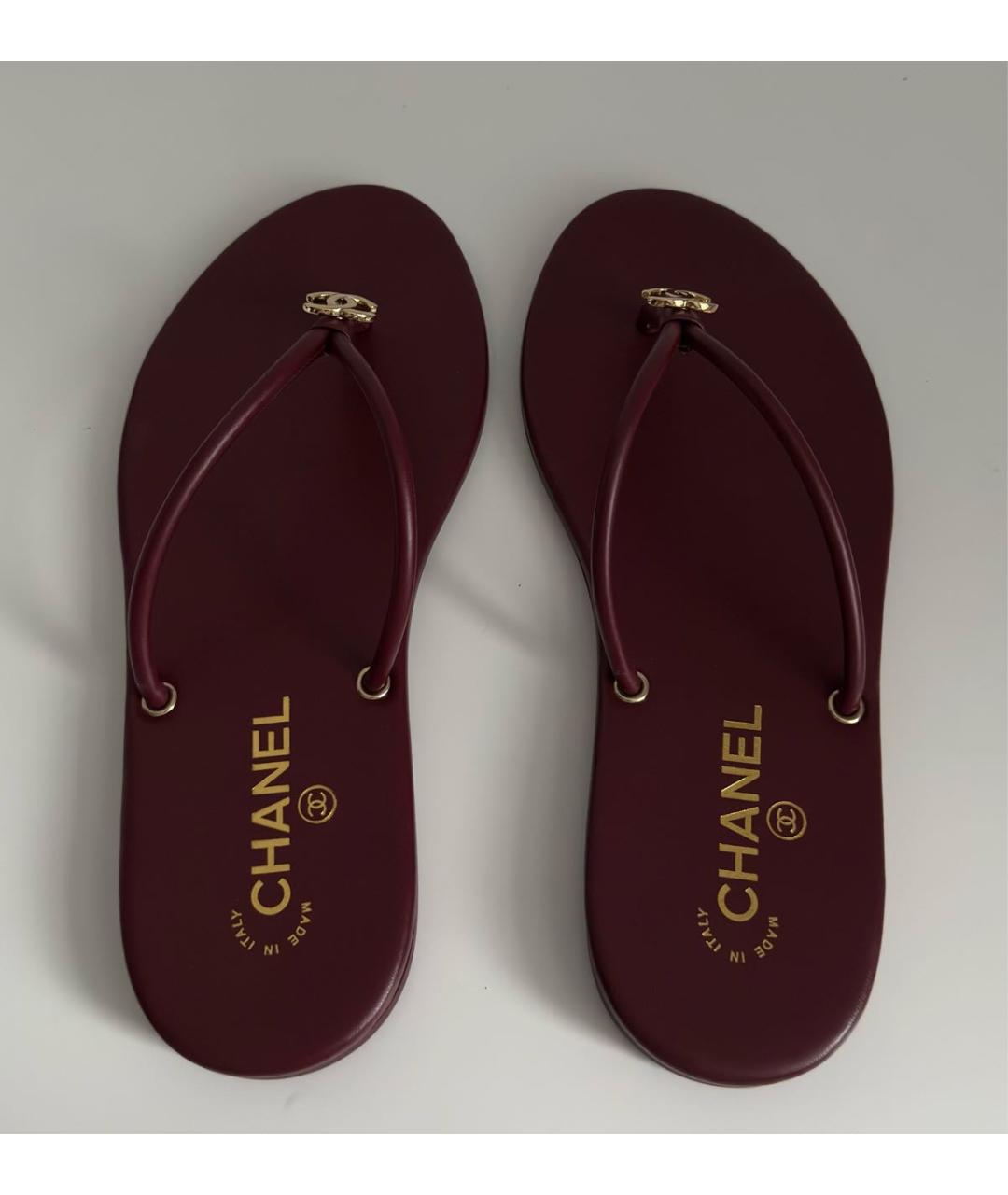 CHANEL Бордовые кожаные шлепанцы, фото 3