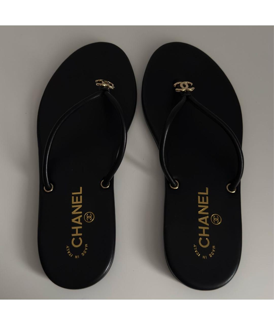 CHANEL Черные кожаные шлепанцы, фото 3