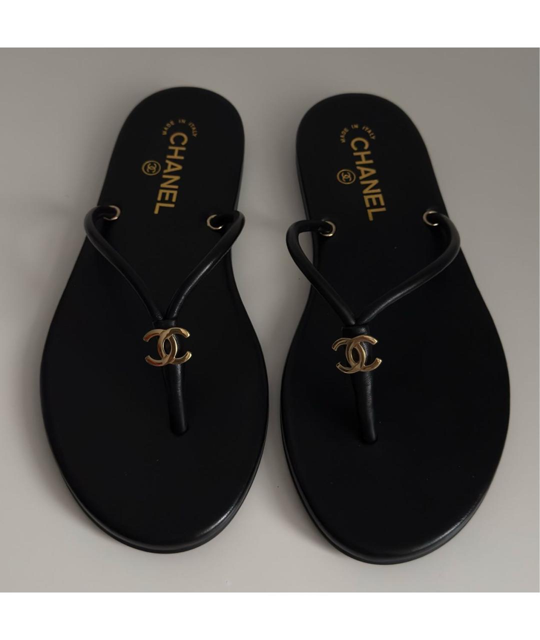 CHANEL Черные кожаные шлепанцы, фото 2