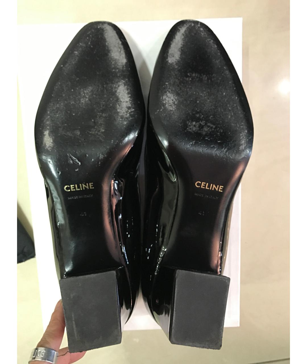 CELINE Черные лодочки на низком каблуке из лакированной кожи, фото 5