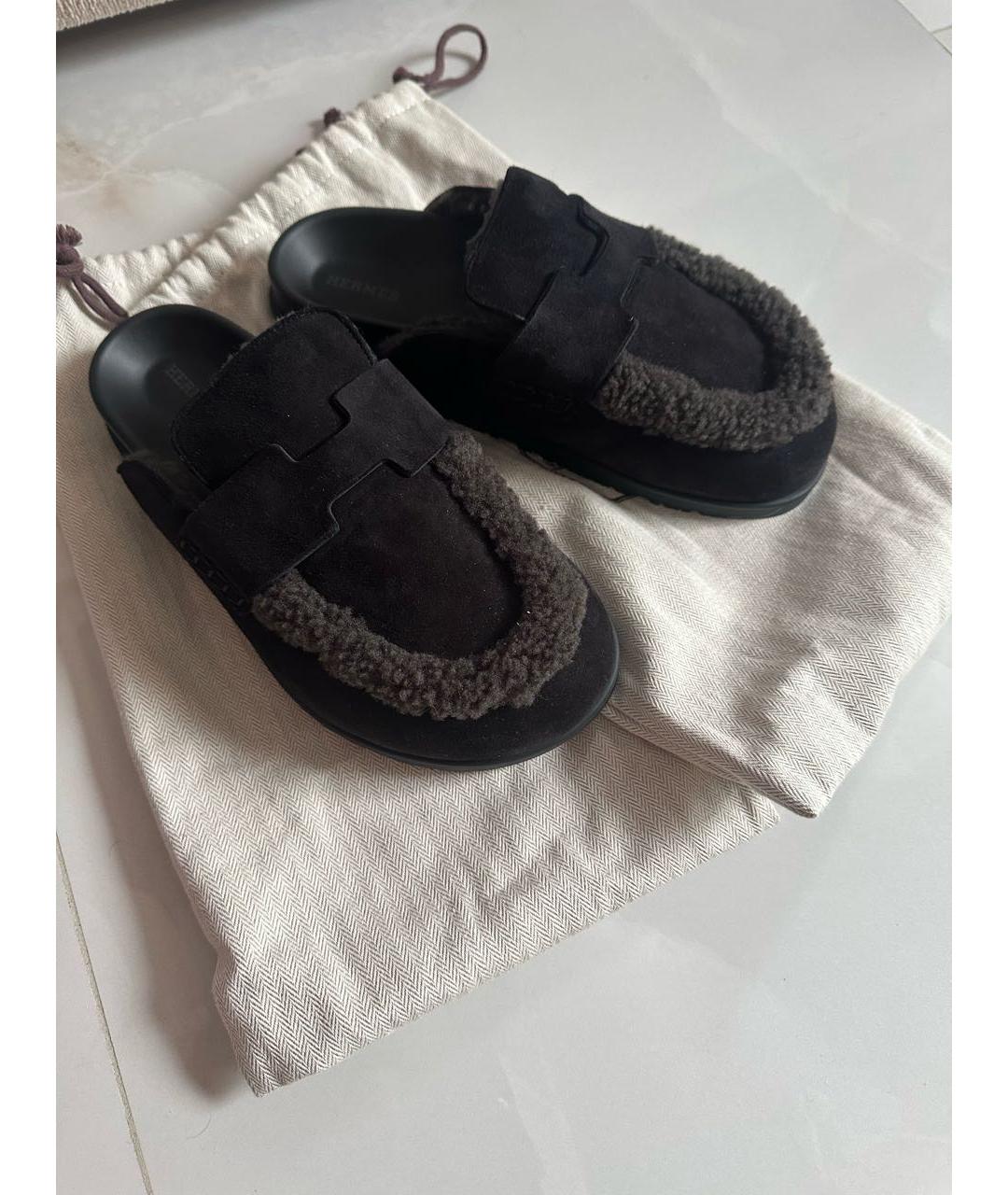 HERMES Черные замшевые мюли, фото 2