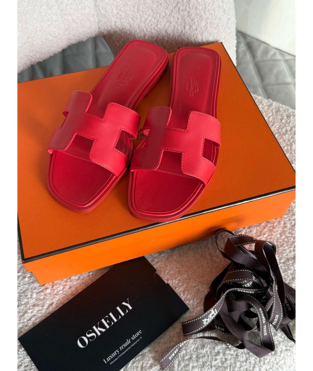 HERMES Красные кожаные шлепанцы, фото 2