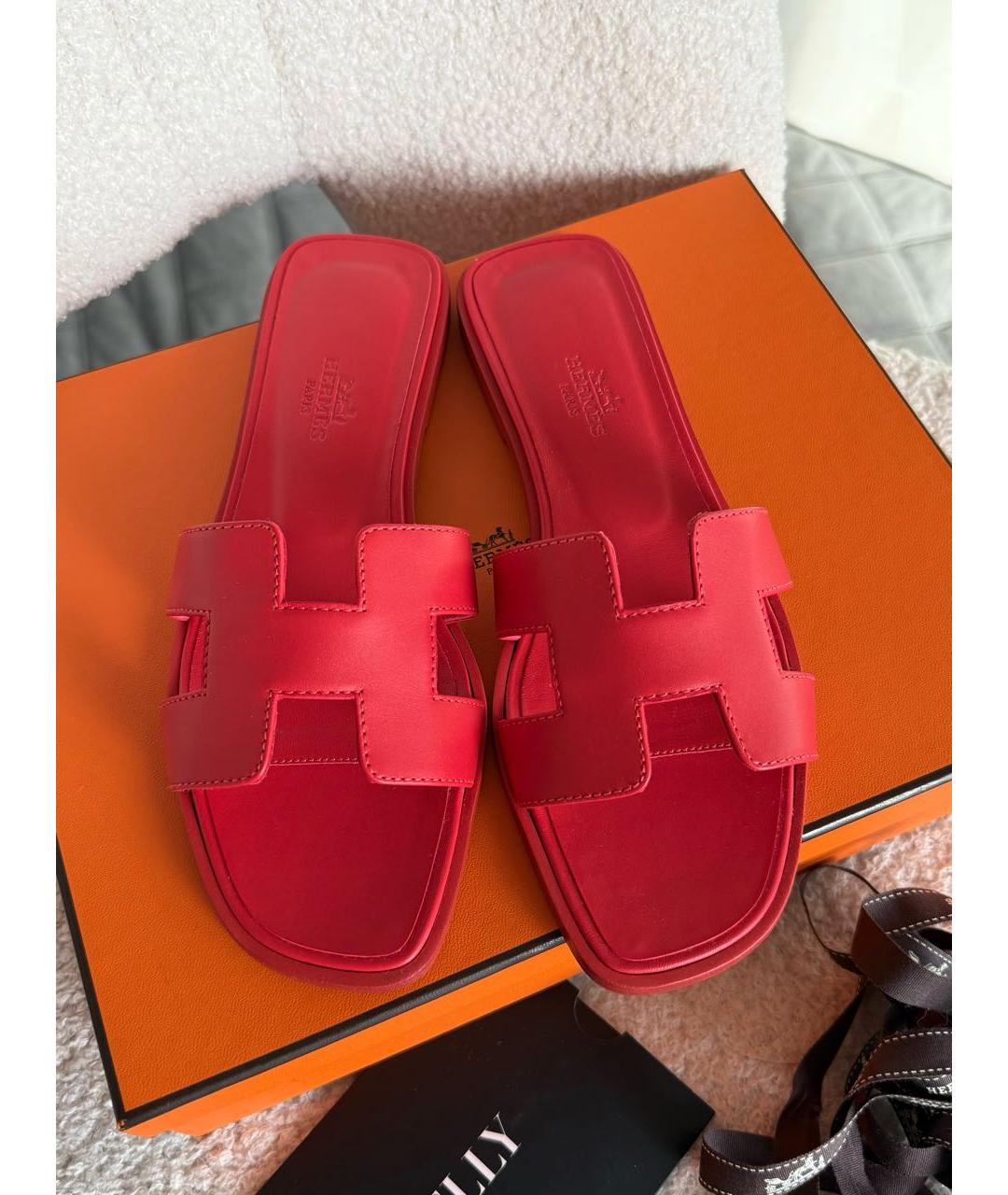 HERMES Красные кожаные шлепанцы, фото 3