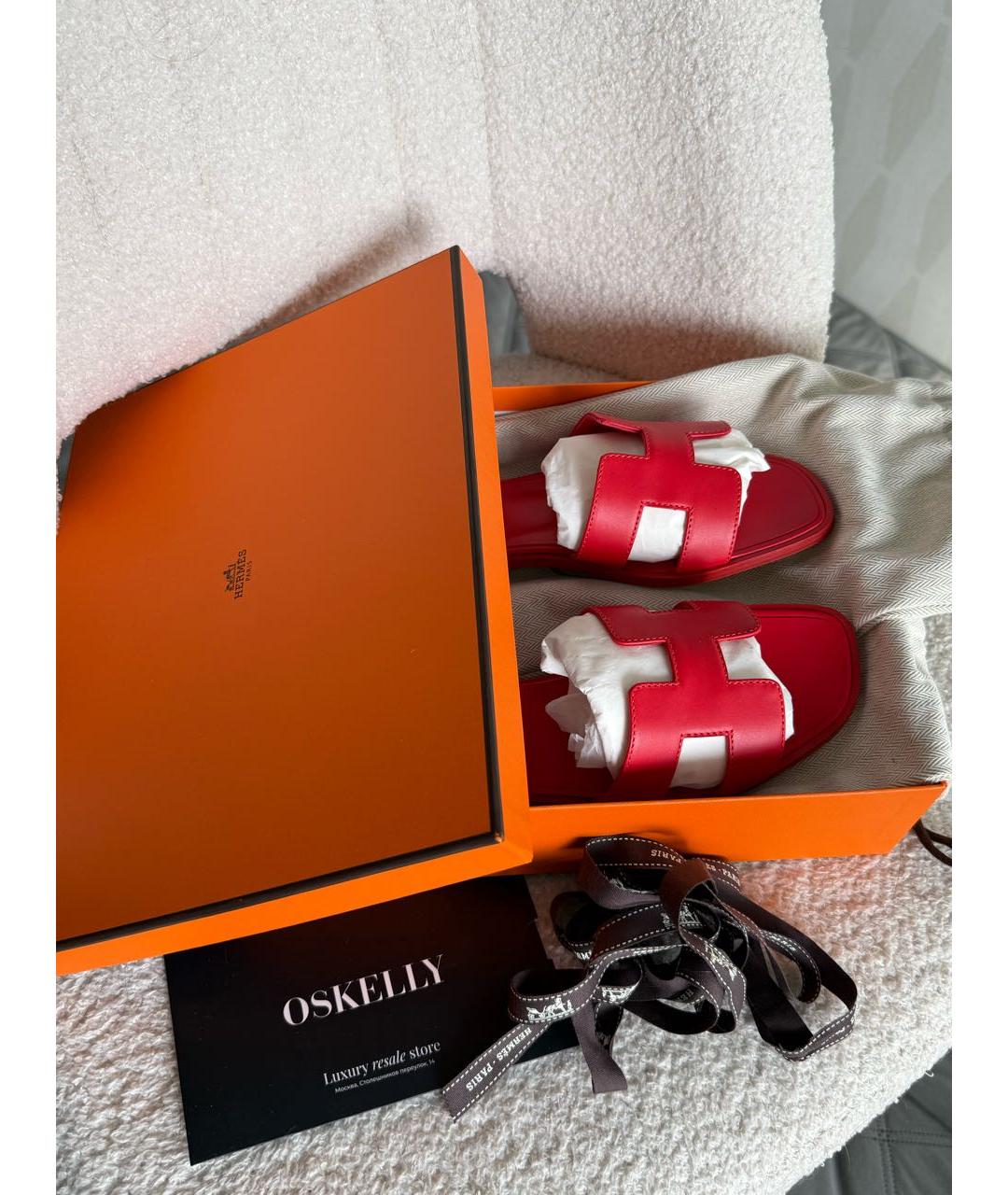 HERMES Красные кожаные шлепанцы, фото 6