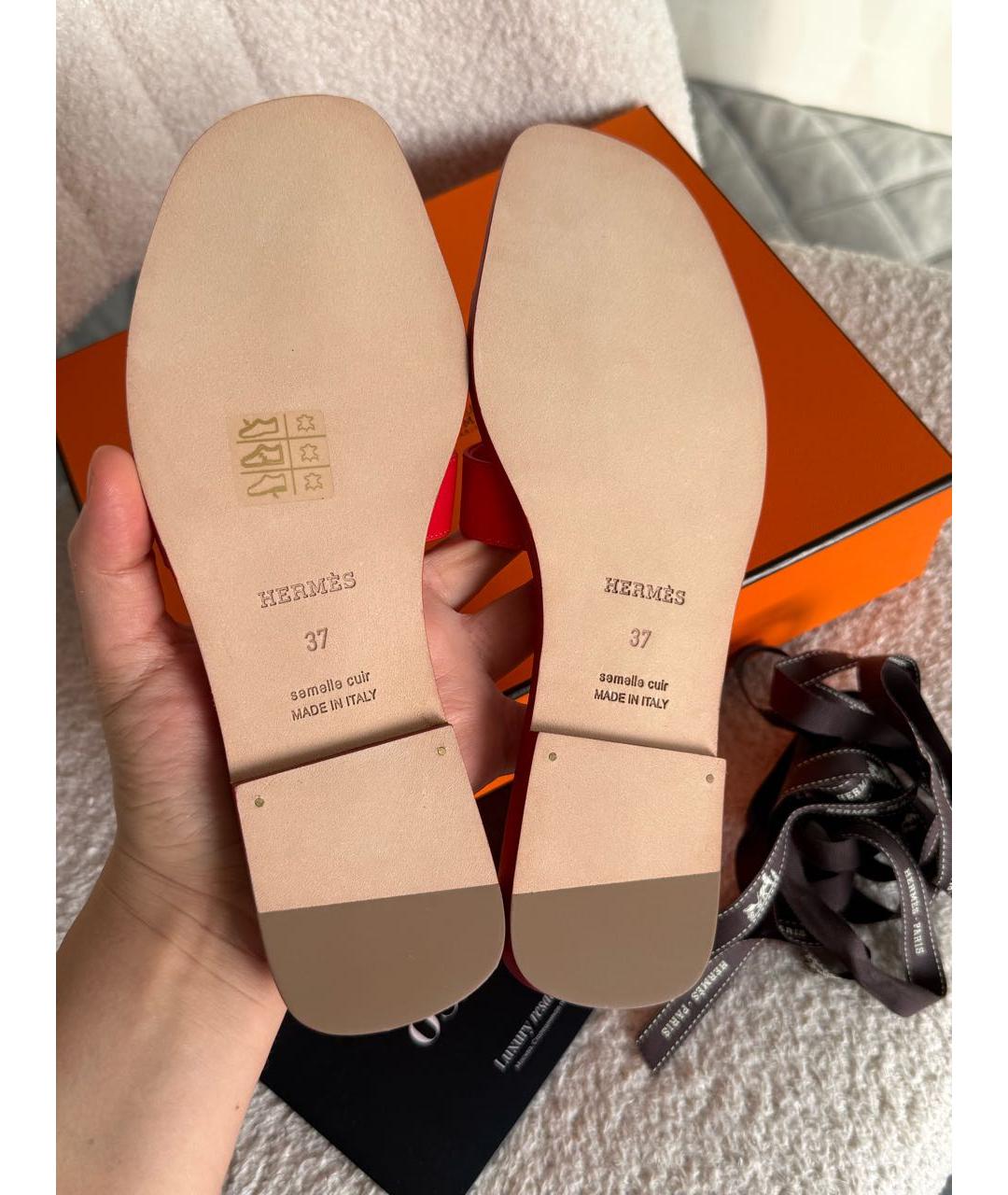 HERMES Красные кожаные шлепанцы, фото 4