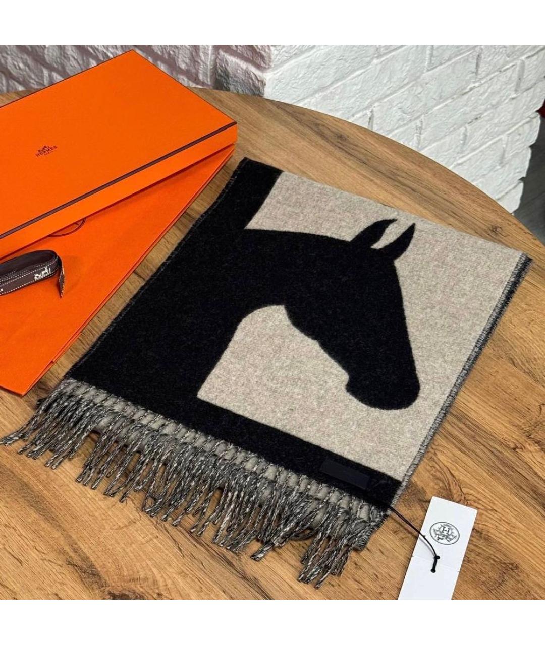 HERMES Черный кашемировый шарф, фото 3