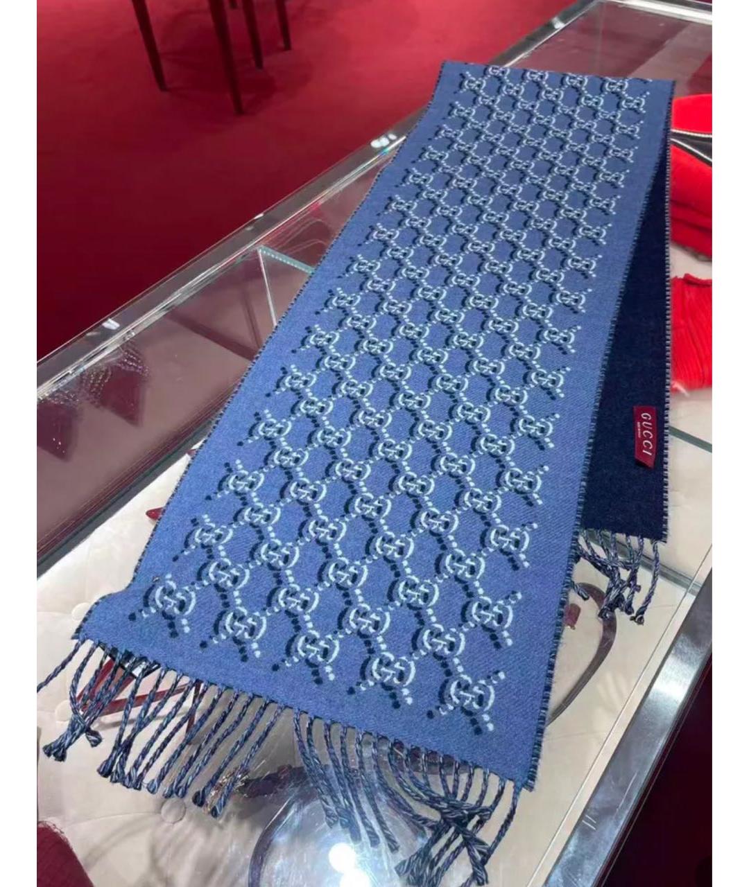 GUCCI Синий шерстяной шарф, фото 3