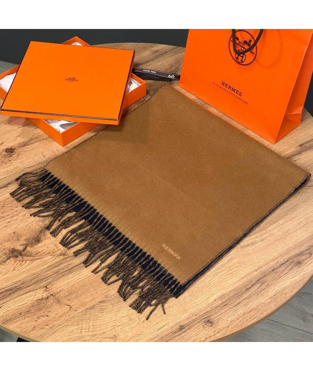 HERMES Коричневый кашемировый шарф, фото 3