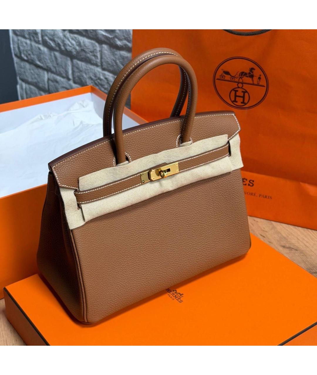 HERMES Коричневая кожаная сумка с короткими ручками, фото 3