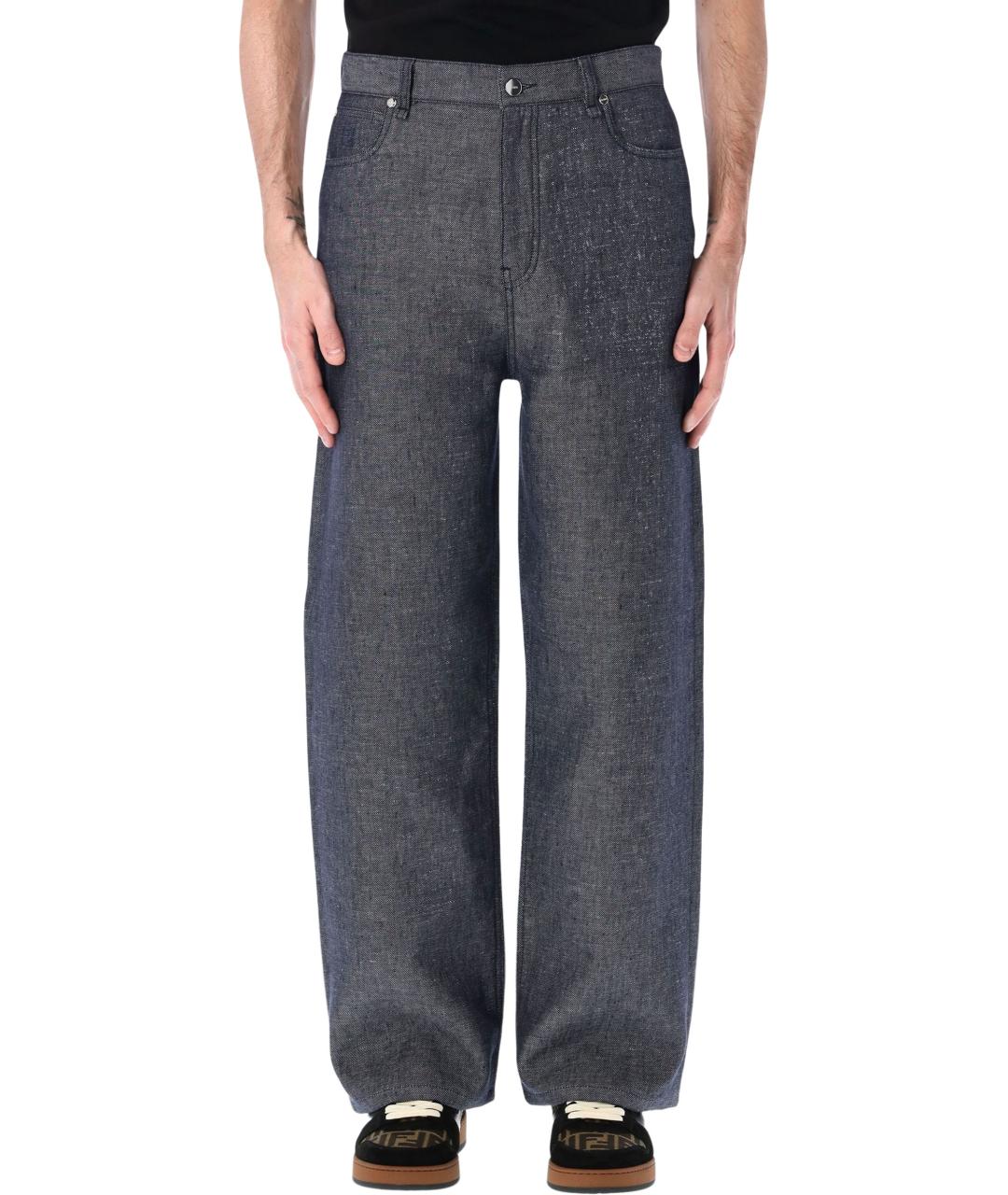 FENDI Синие хлопко-леновые прямые джинсы, фото 1