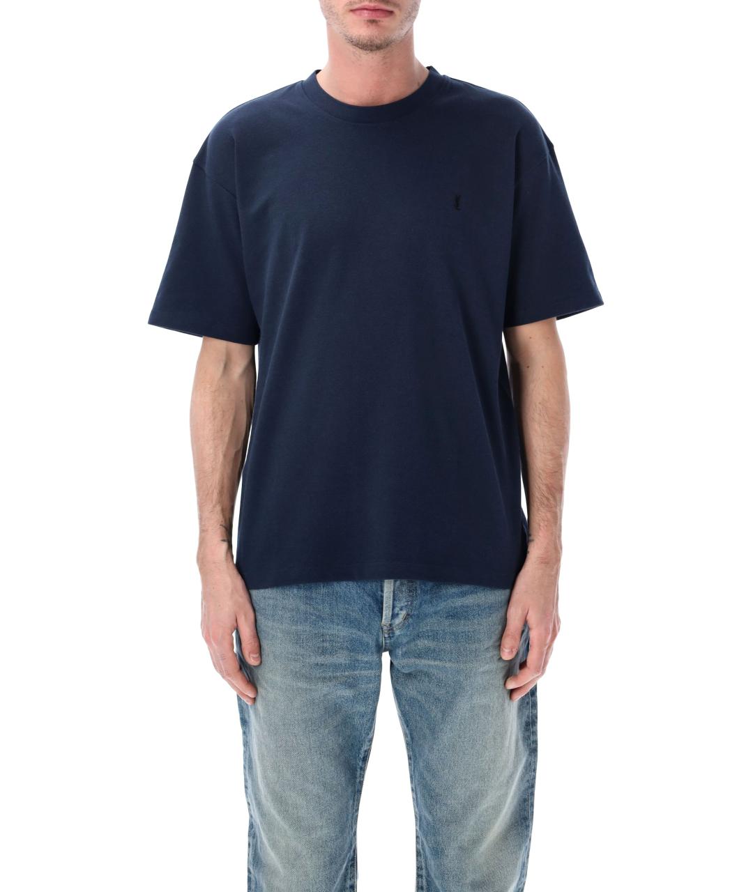 SAINT LAURENT Темно-синяя хлопковая футболка, фото 1