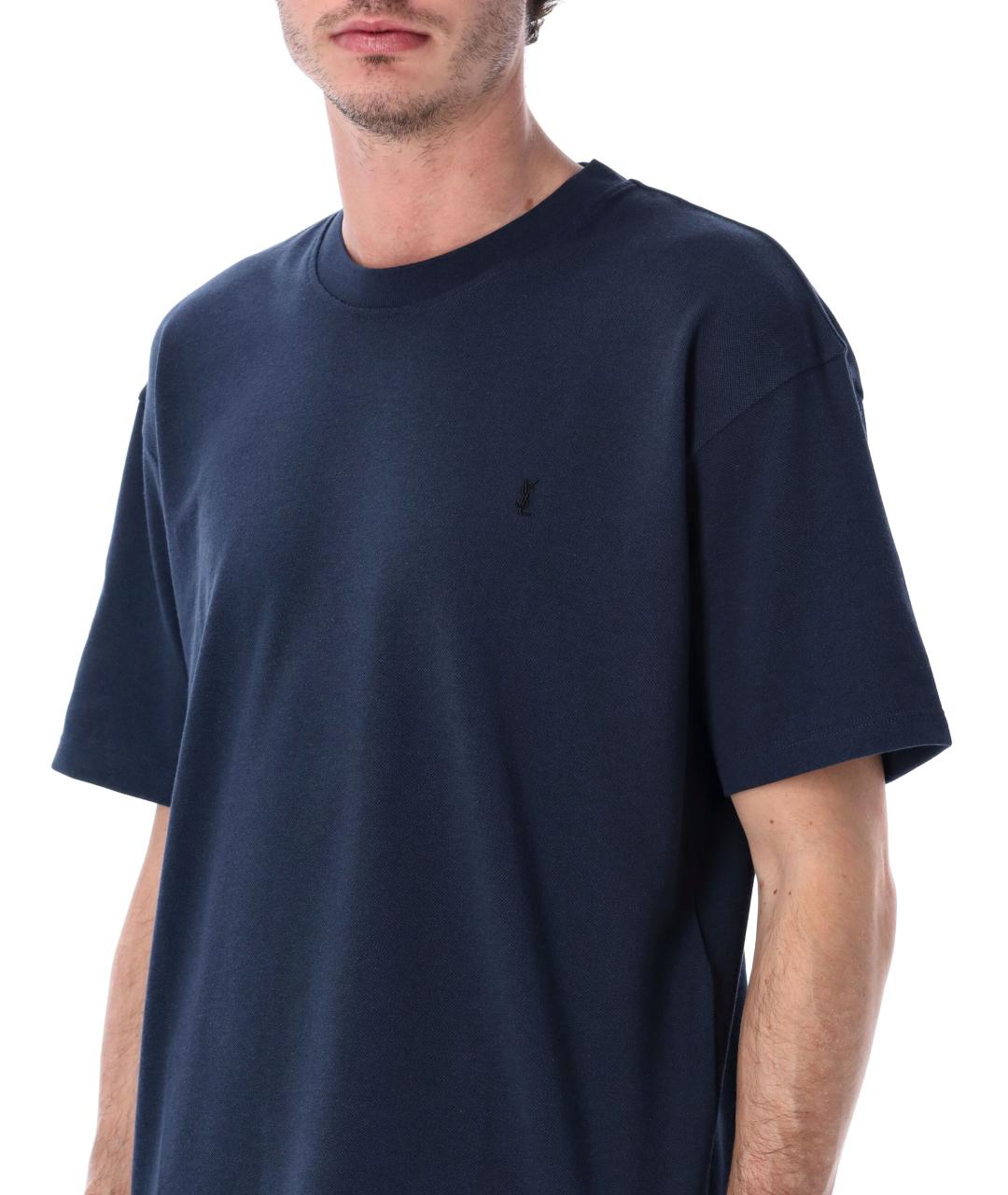 SAINT LAURENT Темно-синяя хлопковая футболка, фото 3