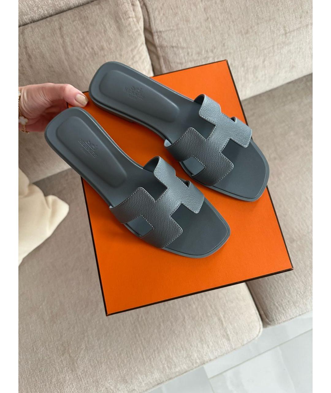 HERMES Голубые кожаные шлепанцы, фото 7