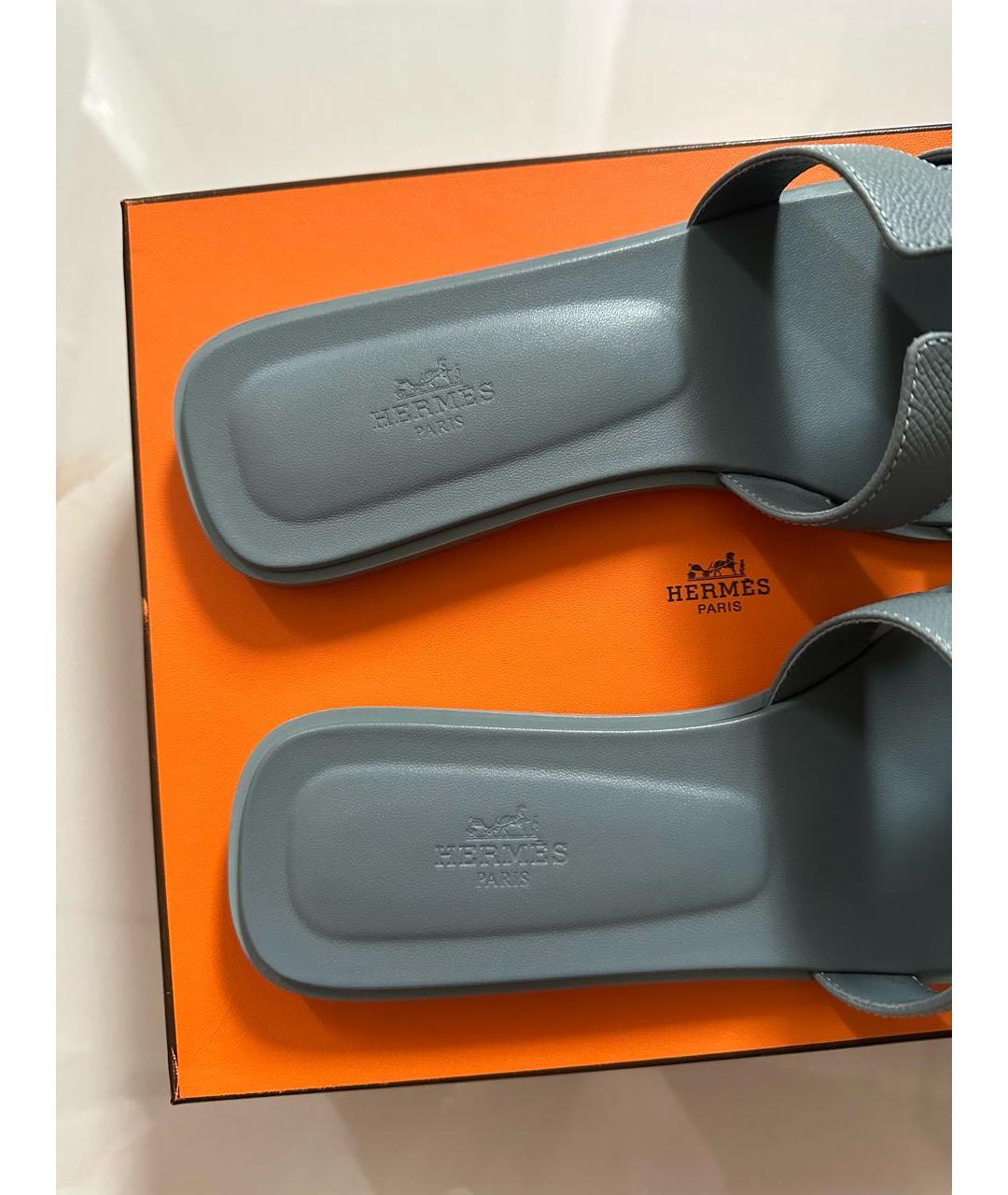 HERMES Голубые кожаные шлепанцы, фото 4