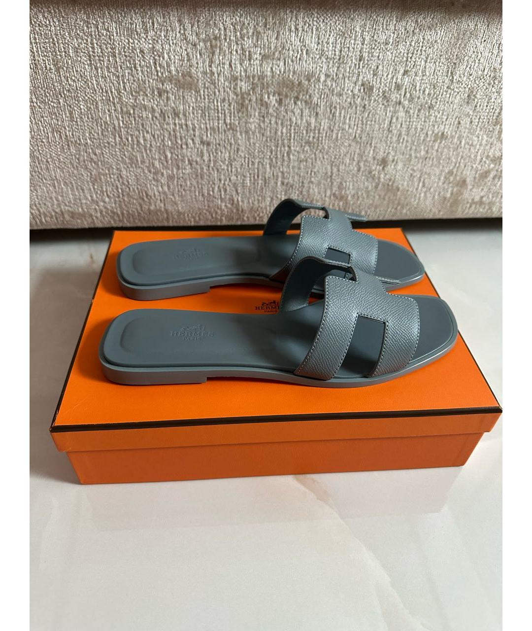 HERMES Голубые кожаные шлепанцы, фото 8